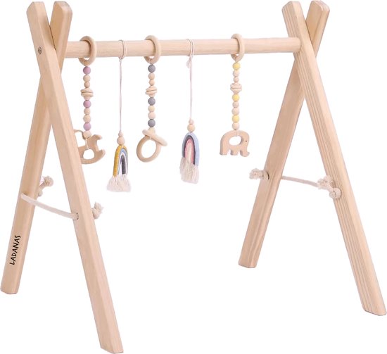 Inklapbare houten babygym met 5 speeltjes