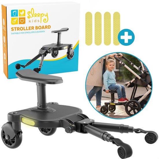 SleepyKids meerijdplankje SafeRide achter een kinderwagen