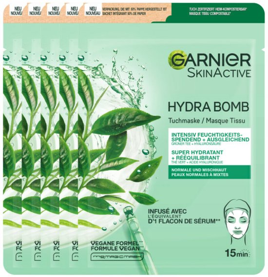 Garnier SkinActive Hydra Bomb Sheet Mask met groene thee, verpakking van 5 stuks