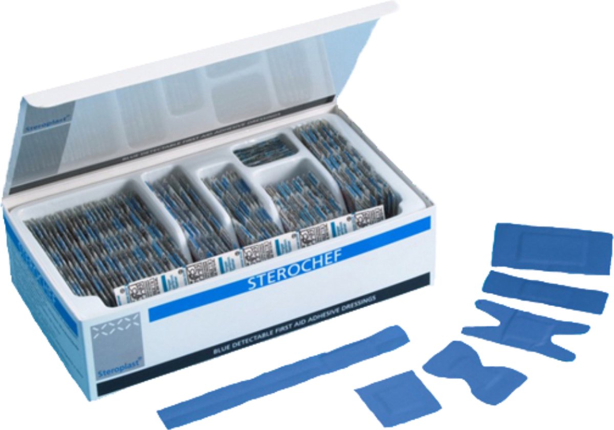 Steroplast blauwe HACCP wondpleisters, 100 stuks in een doos