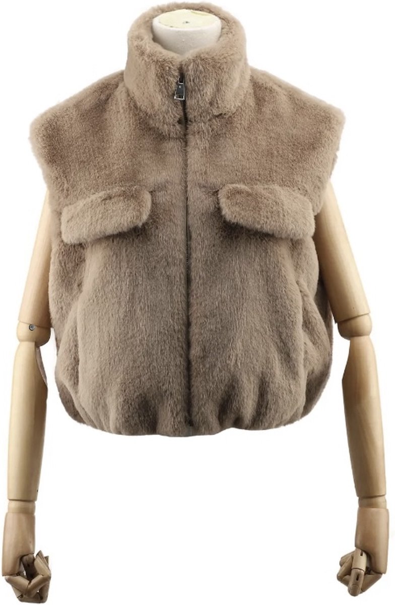 Bodywarmer met teddystof in taupe met hoge kraag en flapzakken