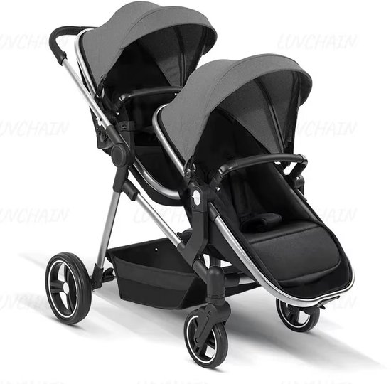 Compacte inklapbare tweeling kinderwagen met verstelbare zittingen