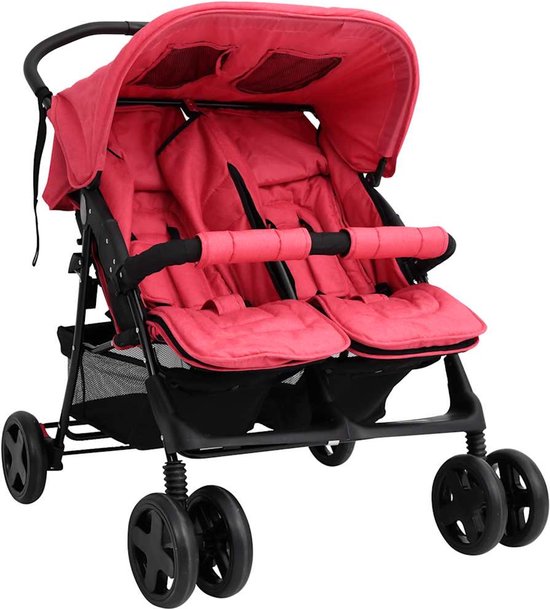 vidaXL tweelingkinderwagen in staal met linnen bekleding, rood