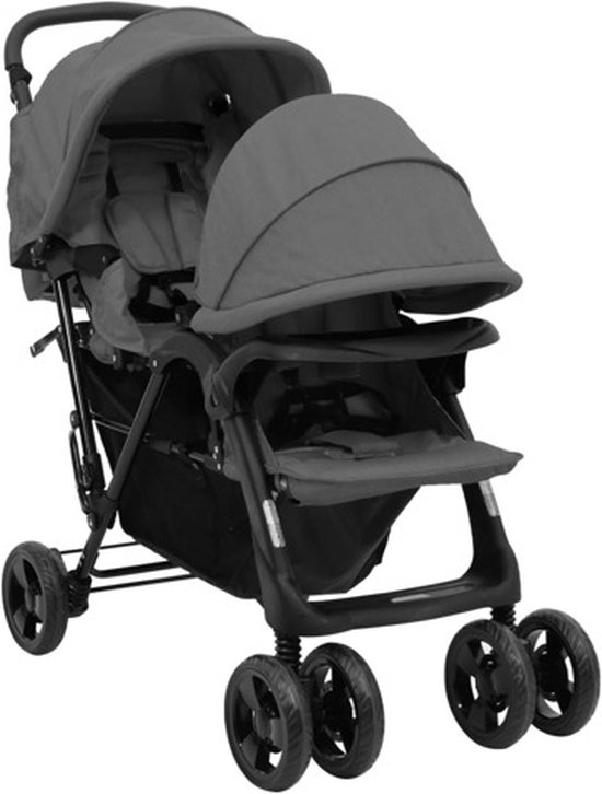vidaXL tandem tweelingkinderwagen in staal, donkergrijs