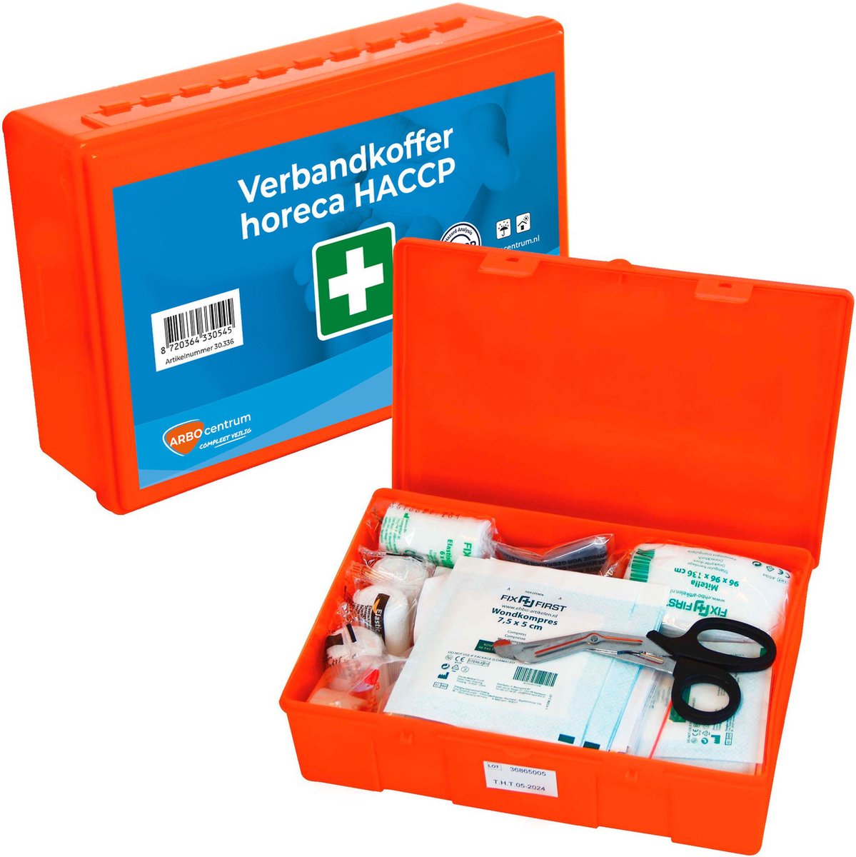 Verbanddoos horeca HACCP met opvallend gekleurde pleisters