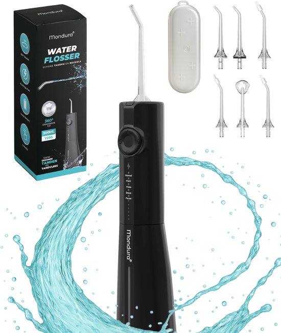 Mondura draadloze waterflosser in zwart met opzetstukken